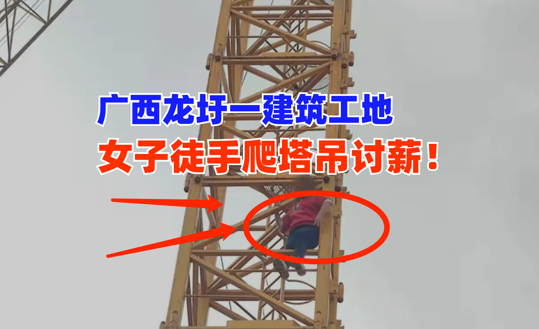 得不偿失！广西龙圩某工地，一女子徒手爬塔吊讨薪遭拘留