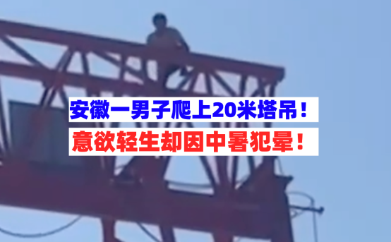 轻生中暑！7月8日安徽阜阳一男子爬20米高塔吊轻生不成反中暑！