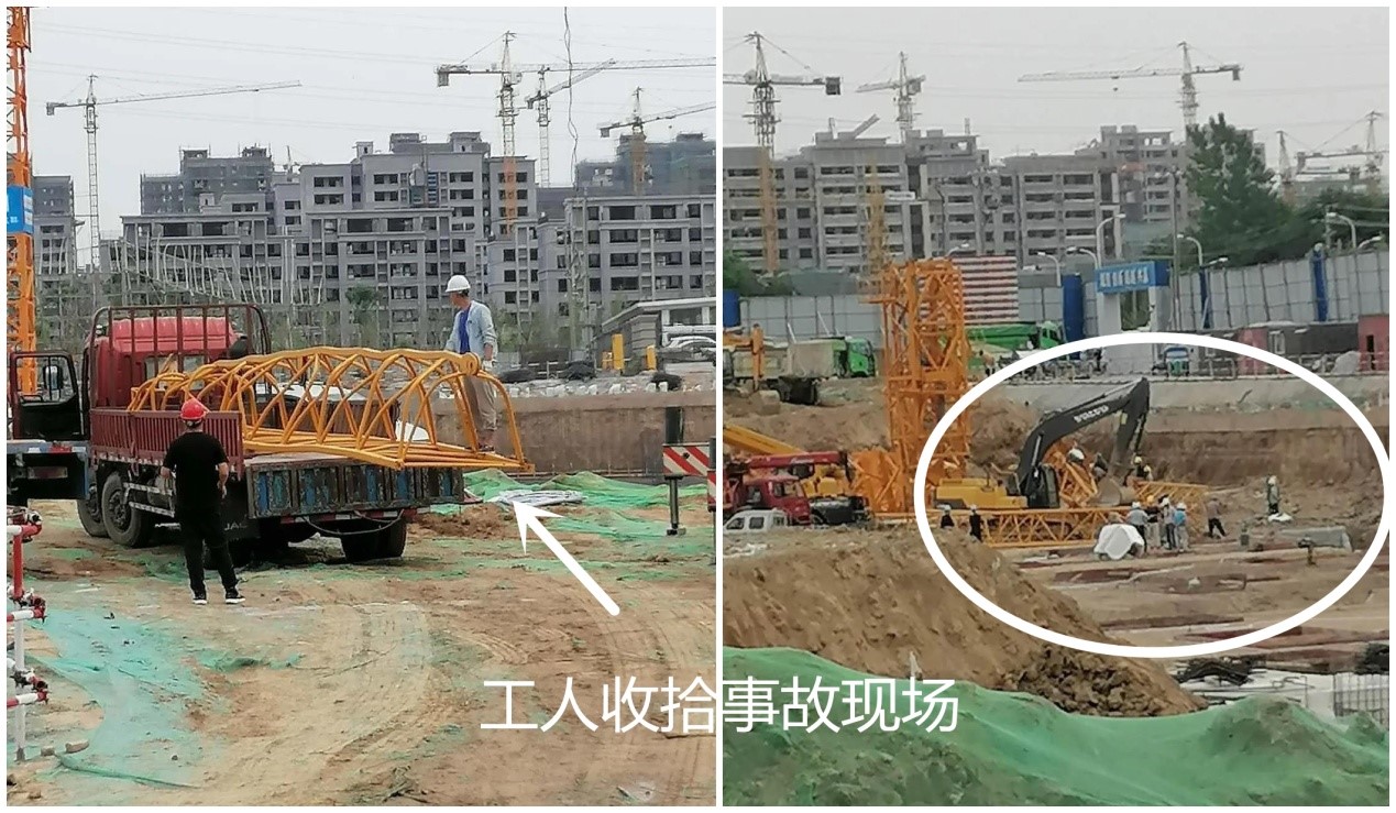 5月25日徐州睢宁县一在建工地塔吊整条倒塌，现场狼藉不堪